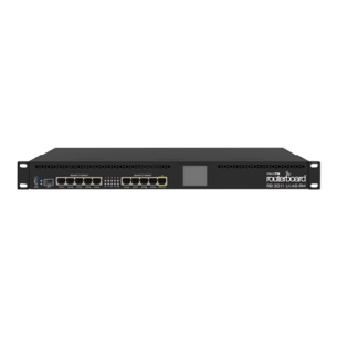 Mikrotik Wired Ethernet Router RB3011UiAS-RM, 1U Rackmount, Dual Core 1.4GHz CPU, 1GB RAM, 128 MB, 10xGigabit LAN, 1xSFP, 1xSerial console port, PoE out on port 10, USB, Touchscreen LCD Panel, PCB temperature and Voltage Monitor, IP20, RouterOS Level5 | R