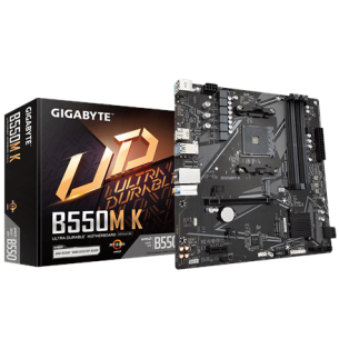 Gigabyte | B550M K 1.0 M/B | Processor family AMD | Processor socket AM4 | DDR4 DIMM | Memory slots 4 | Supported hard disk drive interfaces 	SATA, M.2 | Number of SATA connectors 4 | Chipset AMD B550 | Micro ATX