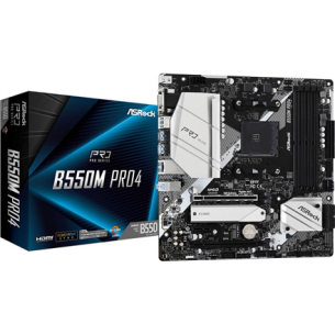 ASRock | B550M Pro4 | Processor family AMD | Processor socket AM4 | DDR4 DIMM | Memory slots 4 | Supported hard disk drive interfaces SATA3, M.2 | Number of SATA connectors 6 | Chipset AMD B550 | Micro ATX