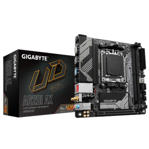 Gigabyte | A620I AX 1.0 | Processor family AMD | Processor socket AM5 | DDR5 DIMM | Supported hard disk drive interfaces SATA, M.2 | Number of SATA connectors 2